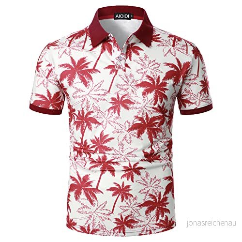 AIOIDI Hawaiianska kortärmade pikétröjor för män klassiskt tryckt golf vardaglig mjuk t shirt sommarsemester strandtoppar, Röd, L 747492518438