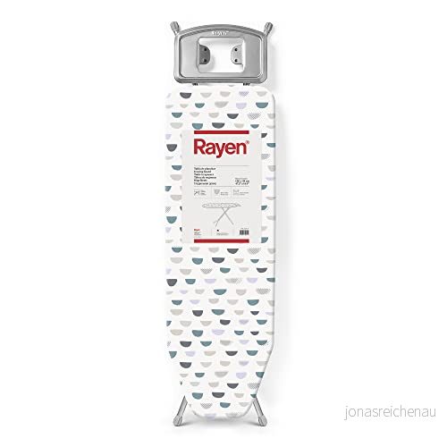 Rayen Strykbräda Bassortiment Justerbar höjd Metallnät Strykstöd Grå ram och vitt tryckt överdrag Mått: 120 x 38 cm 8412955301712