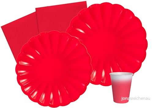 Party Tableware Set Flower Shape for 24 people (112 pcs: plates Ø23cm, Ø18cm, cups 200ml, 40 napkins 33x33cm) in eco friendly compostable paper, red 8026196987095