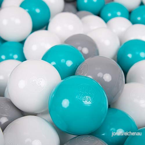 KiddyMoon 200 Ø 7 cm barnbollar lekbollar för bollbad baby plastbollar tillverkade i EU, grå/vit/turkos 5902687473618