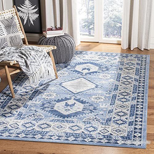 SAFAVIEH staminspirerad matta för vardagsrum, matsal, sovrum kazaksamling, kort lugg, blå och kräm, 160 x 229 cm 889048676640