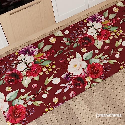 PETTI Artigiani Italiani Köksmatta löpare kök halkfri och tvättbar 52 x 100 cm blomdesign 07 vinröd 100% tillverkad i Italien 8056992316560