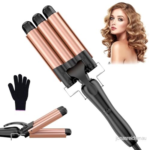 locktång 3 fat Beach Waves Vågjärn för hår, 25 mm små lockar Keramisk Temperaturinställning Snabbuppvärmning med handske, roséguld 6974856510799