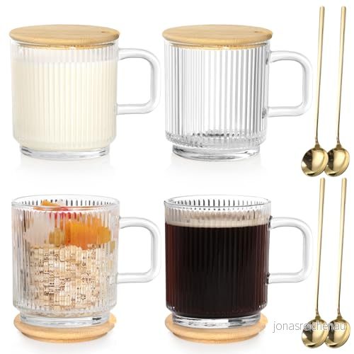 Anhow 4 latte macchiato glas, 350 ml kaffekoppar vertikala ränder kaffeglas med lock och sked för latte/cappuccino/drycker/te/kaffe 717015932027