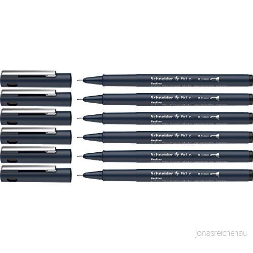 Schneider Pictus Fineliner (linjebredd 0,3 mm, dokumentäkta pigmentliner, metallmonterad spets, hölje av 85% återvunnen plast) 6 pack, svart 4004675142016