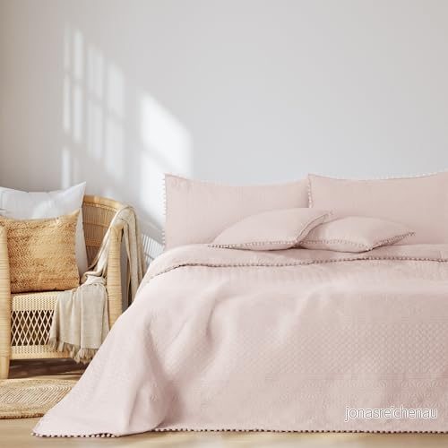 AmeliaHome överkast med pompoms 240 x 260 cm sängöverkast dubbelsidig Ultrasonic quiltning polyester Meadore puderrosa 4251838558270