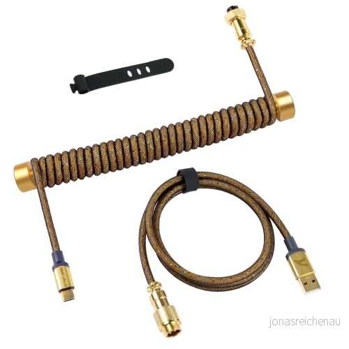ATTACK SHARK USB C spiralkabel med fast stång, typ till A, speltangentbordskabel, metallrulle + flätad i nylon, guldpläterad luftkontakt, guld 796713389371