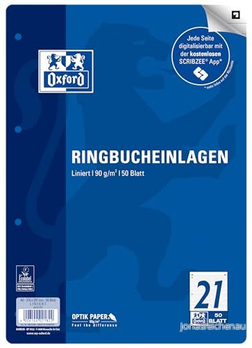 Oxford ringboksinlägg A4 linjerat, linjerat 21 utan marginal, 50 ark 4006144021822