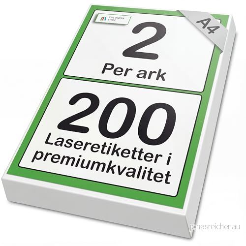 [200 etiketter] Självhäftande vita klibbiga skrivaretiketter för A4 skrivare 2 per ark A5 klisterskrivare adressetiketter Laserskrivaretiketter alla typer av 5060725320260