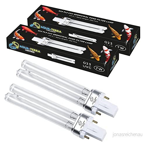 Aqua Terra Lighting 7 W dammfilterglödlampor 2 pack UVC ultravioletta glödlampor för filter och klarare bakteriedödande G23 stifts PLS lampbas att ersätta UV i trädgårdsdammfilter 5060771554411