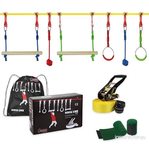 ALPIDEX Ninja Slackline Kids 15 m Hinder Set Gymnastiska Ringar Knutar Swing Klättring Stege Tillbehör Utökningsbar Warrior Course, Stil:Basic 4251379371475