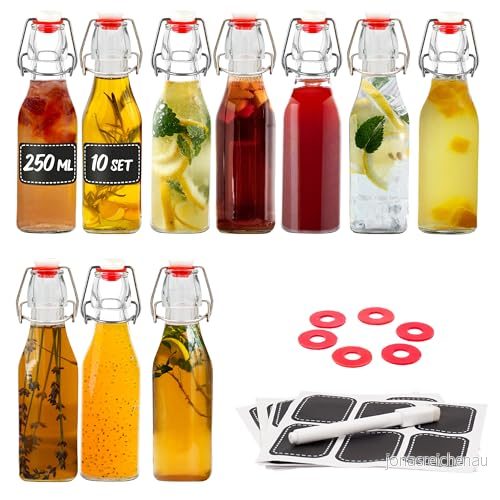10 glasflaskor 250 ml Fyrkantig svängtopp flaskor med för fyllning inkl. extra förseglingar & etiketter penna olja, vinäger, juice lemonad 4251710601193