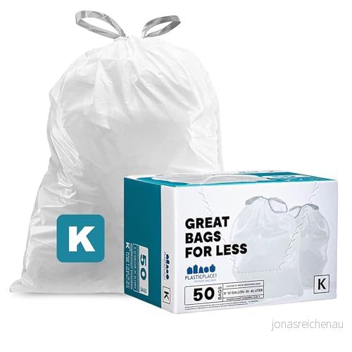 Plastplace anpassad passform soppåsar, kompatibel med simplehuman Code K (50 Count) vit dragsko skräpfoder 10 gallon / 38 liter 24 tum x 28 818331022871