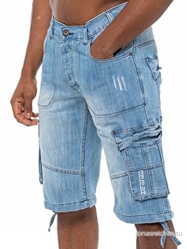 989Zé ENZO Herrshorts EZS404 Raw Combat Cargo fickor ledig knälång denim halvbyxor, Ljusblått, 36W 5056468417619