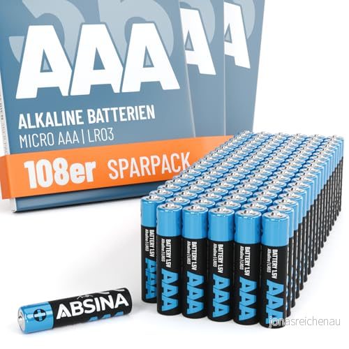 ABSINA 108 x batterier AAA storpack 1,5 V alkaliskt hållbara Micro LR03 för långdistansning, leksak, väckarklocka UVM LR3 batteri AAA, A3 batterier, 4068697002307