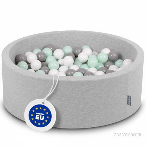 KiddyMoon bollbad 90 x 30 cm/300 bollar Ø 7 cm bollpool med färgglada för spädbarn barn rund, ljusgrå) vit/grå/mynta 5902687417759