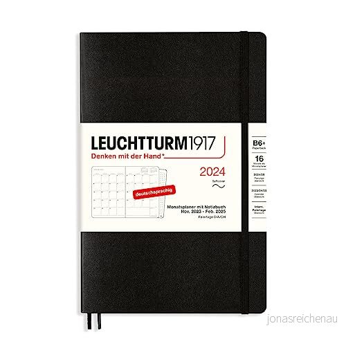 LEUCHTTURM1917 367582 månadsplanerare och anteckningsbok paperback (B6+) 2024, 16 månader, mjukt skydd, svart, tyska 4004117627965