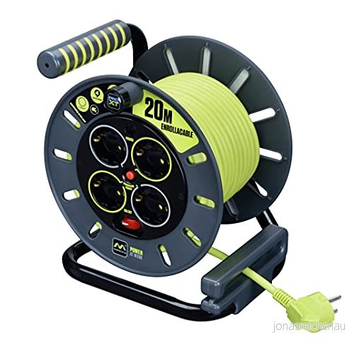 Masterplug Pro XT fyra uttag öppen spiral kabeldragning med upprullningshandtag, termisk skärning och strömbrytare, 20 meter högsynskabel grön 5015056593814