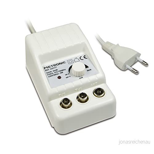Metronic 332177, inomhus TV antennförstärkare för TDT kanaler, kompatibel med 4G/5G, 26 dB, 2 utgångar 9,52 mm uttag, vit 3420743321779