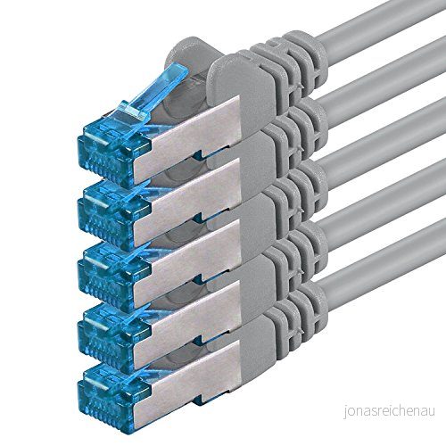 1aTTack.de Nätverkskabel CAT6a Cat6 10 Gbit/s 7,5 m grå 5 stycken S FTP dubbelskärmning 4250344831105