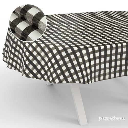 vaxbordsduk, tvättbar, trädgårdsbordsduk, utomhus, inomhus, oval, 200 x 140 cm, skärkant, rutig, svart 4059064908605
