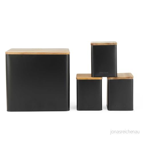 Salter BW12900EU7 Toronto 4 Piece bänkskivor set brödbin, te, socker, kaffekanister, förvaringsbehållare, pulverbelagd svart finish, Acacia trämedlemmar, Stylish, förvaringsburkar, svart/trä 5054061552157
