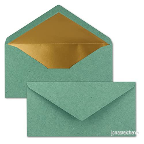 15 kuvert DIN långa vintage eukalyptus (grön) med guld metallic innerfoder 110 x 220 mm våtlimning festliga för inbjudningar 4252001507002