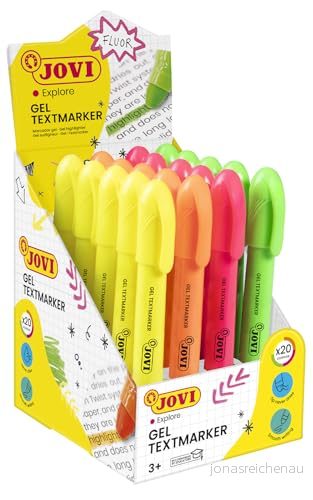 Jovi JOVI!NEON Gel Marker, Box med 20 stift överstrykningspennor, blandade färger, torkar inte ut, smetar ut skrift eller blöder genom papper, glutenfri, (1829) 8412027028707