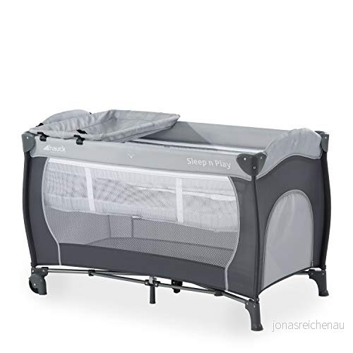Hauck Sleep N Play Center, 7 delad Hopfällbar Resesäng från Födseln upp till 15 kg, Spädbarnsinlägg och Skötbord, Vikbar Madrass Hjul, Sidoöppning, 120 x 60 cm grå 4007923600566