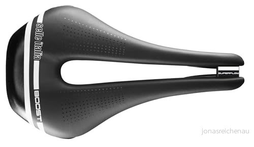 Selle Italia Novus Boost TM Superflow, Wyczynowe Siodełko Rowerowe z Szerokim, Zakrzywionym Siedziskiem i Dodatkową Wyściółką, o Lekkiej Konstrukcji Technicznej Mikrofibry Czarne S3 8030282485464