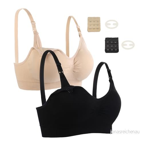 2-pack amningsbehåar för amning moderskap BH trådlös sömlös graviditet bralette kvinnor, Svart/Beige, S 794969455352
