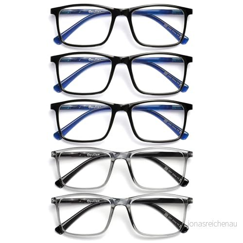 OPULIZE Bläckläsglasögon 5 pack stor rektangulär ram svart transparent grå fjädergångjärn reptåliga män kvinnor RRRRRRR4 11177 +2,00 5055955371038