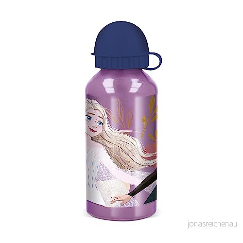 p:os 35439 Frozen Frost 2 vattenflaska i aluminium för barn, med lock och ca 400 ml kapacitet, läckagesäker, perfekt skola, sport fritid 4043891354391