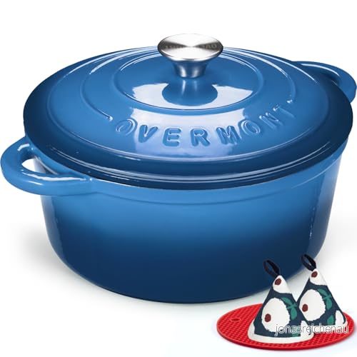 Overmont 4,2 L emaljerad gjutjärn rund gryta med lock kokbok & bomull grytlappar non stick holländsk ugn köksredskap för flätning, grytor, rostning, bröd bakning blå, 24 cm 5060990789878