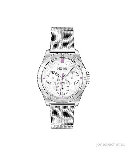 HUGO analog multifunktion kvartsur för kvinnor #Dance kollektion med silver rostfritt stål armband 1540162, Silver/vit 7613272565479