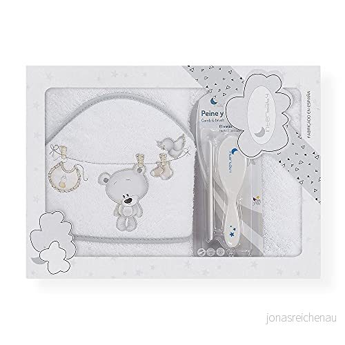 Interbaby Tendero OSO babyhandduk för nyfödda, vit och grå, med borste kam, 900 g 8435440342922