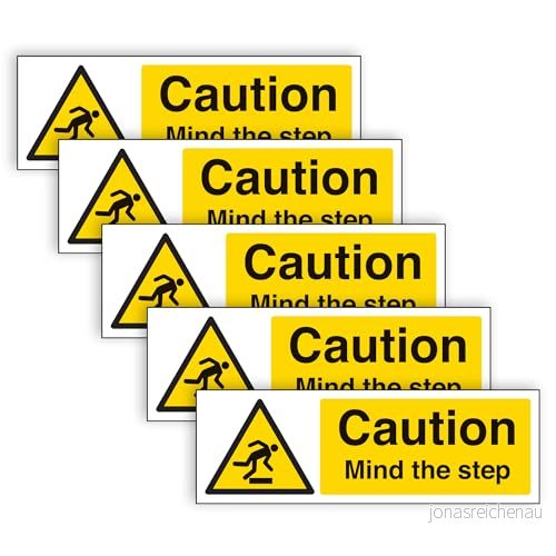 Varning 'Mind the step' säkerhetsskylt mycket synlig och hållbar självhäftande vinyl 300 mm x 100 (5 pack) 5054495750358