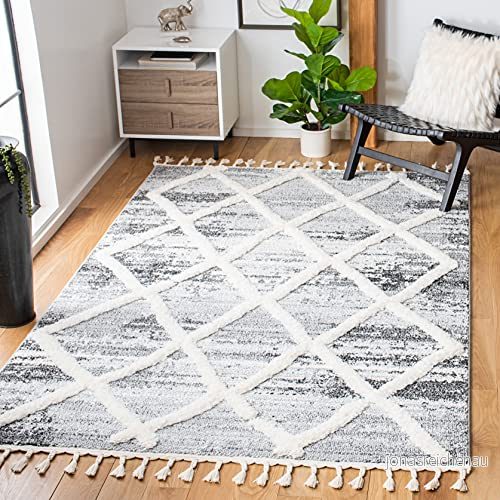 SAFAVIEH Shag matta för vardagsrum, matsal, sovrum Moroccan Tassel Collection, korthårig, grå och elfenben, 91 x 152 cm 195058050005