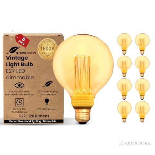 8 st greenandco® dimbar Vintage Design LED lampor i retrostil för stämningsbelysning E27 G95 Edison lampor, 3,5W 120lm 1800K extra varmvitt 320 230V flimmerfri 4260267266021