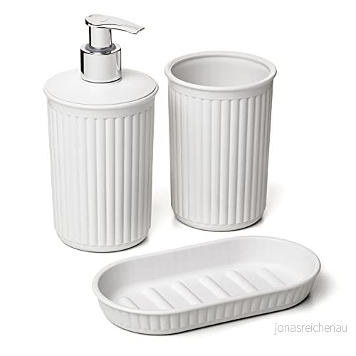 Tatay Set om 4 för badrummet (kopp + dispenser tvålskål arrangör A6), kollektion Baobab, av polypropen, 100% återvunnen plast, BPA fri, färg vit pergamon 8411801233030