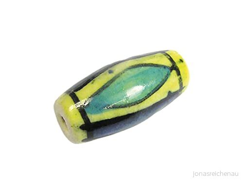 Keramisk oregelbunden gul emaljerad form med gröna och blå linjer 12 x 25 mm. 50 8428885063439