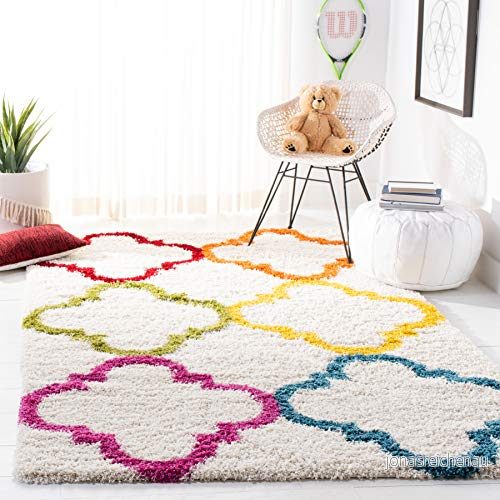 Safavieh Lurvig matta rektangulär inomhatta, vävd, shag kollektion för barn, SGK563, elfenbensvit/flerfärgad, 160 x 229 cm 889048000803