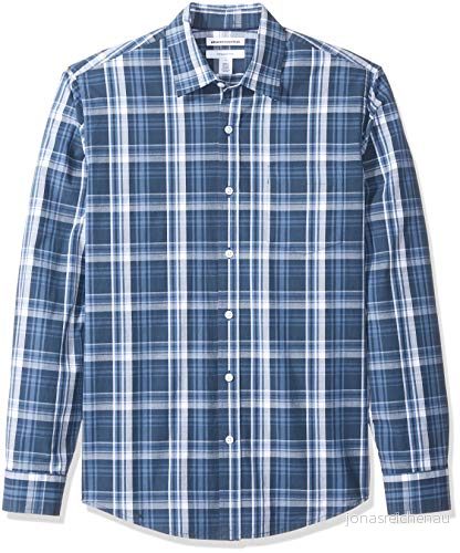 Amazon Essentials mäns Slim Fit långärmad poplin skjorta, marinblå medium rutig, Large 193548348632