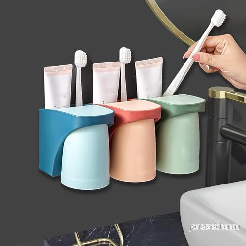 3 stycken tandkoppshållare utan borrning: Homury tandborsthållare vägg, med magnetisk kopp, tandborstkopp set för badrum (röd + grön blå) 766683130952