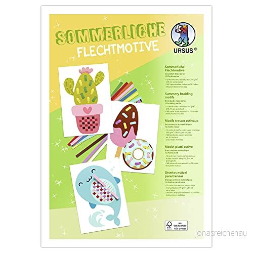 Ursus 28230099F Sommarpysselset för barn med 12 färgglada flätat motiv (A4) och 160 pappersremsor, kreativ sysselsättning 4008525244646