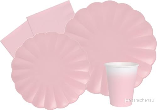 Party Tableware Set Flower Shape for 8 people (44 pcs: plates Ø23cm, Ø18cm, cups 200ml, 20 napkins 33x33cm) in eco friendly compostable paper, pastel pink 8026196982809